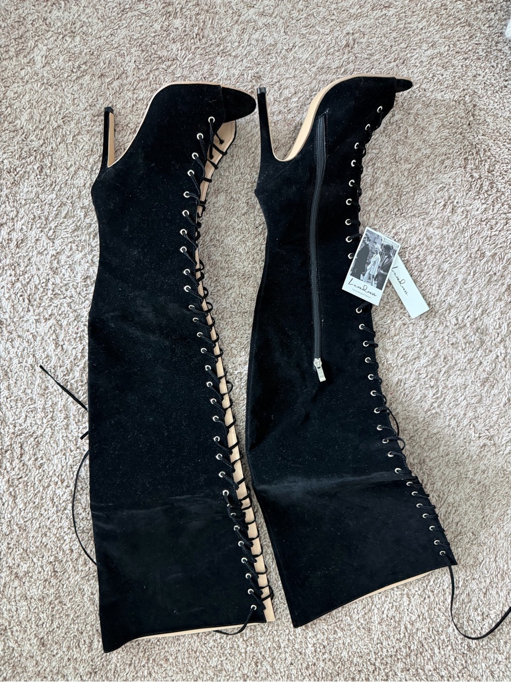 Women's Black Lace-Up Over-the-Knee Peep-Toe Heeled Boots - Picture 3 of 4